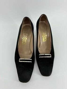 Vintage Salvatore Ferragamo Women's Black Suede Loafers Silver Buckle 3” Heel